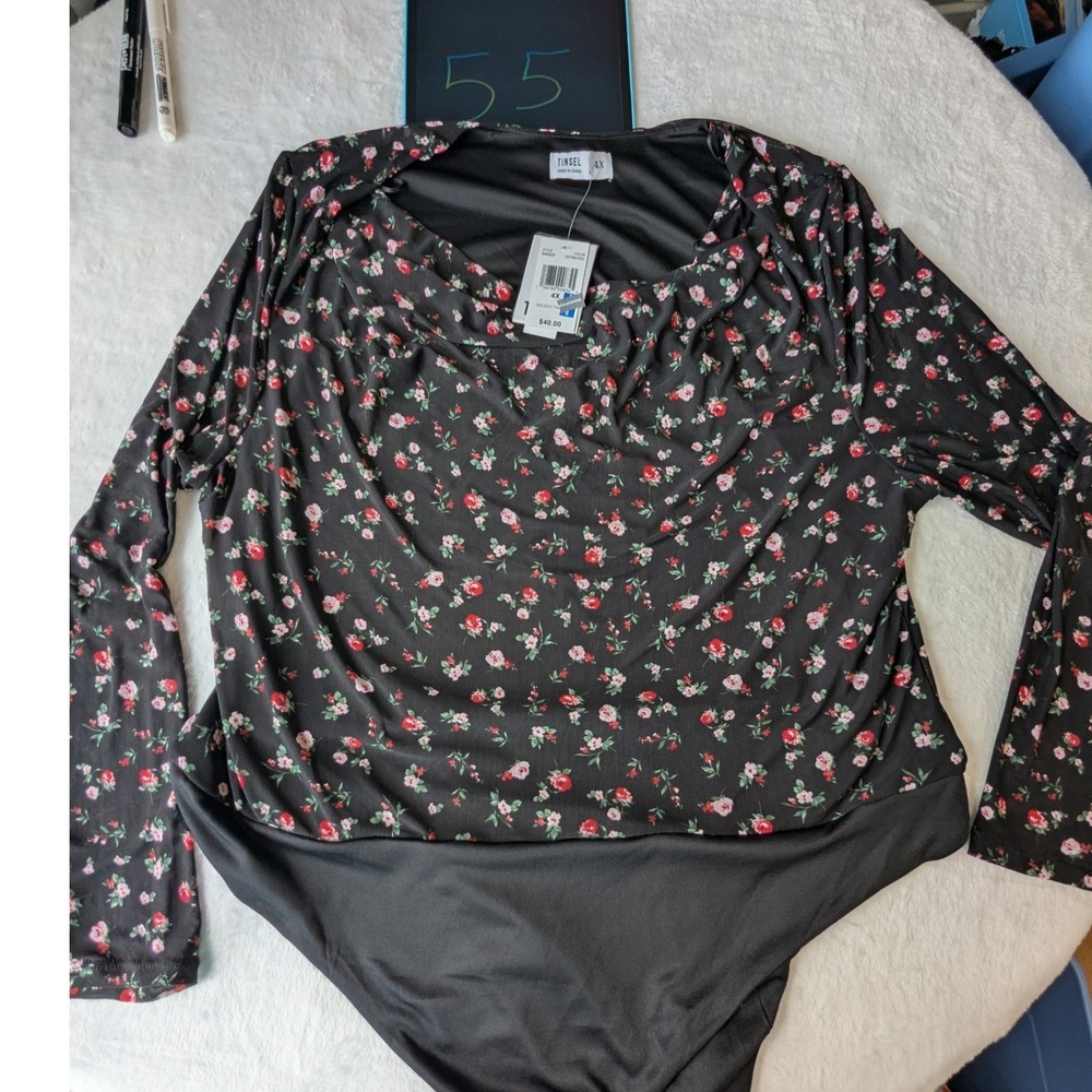 Tinsel Bodysuit Womens 4X Black New Floral Cowl Neck Long Sleeve BK00382CP